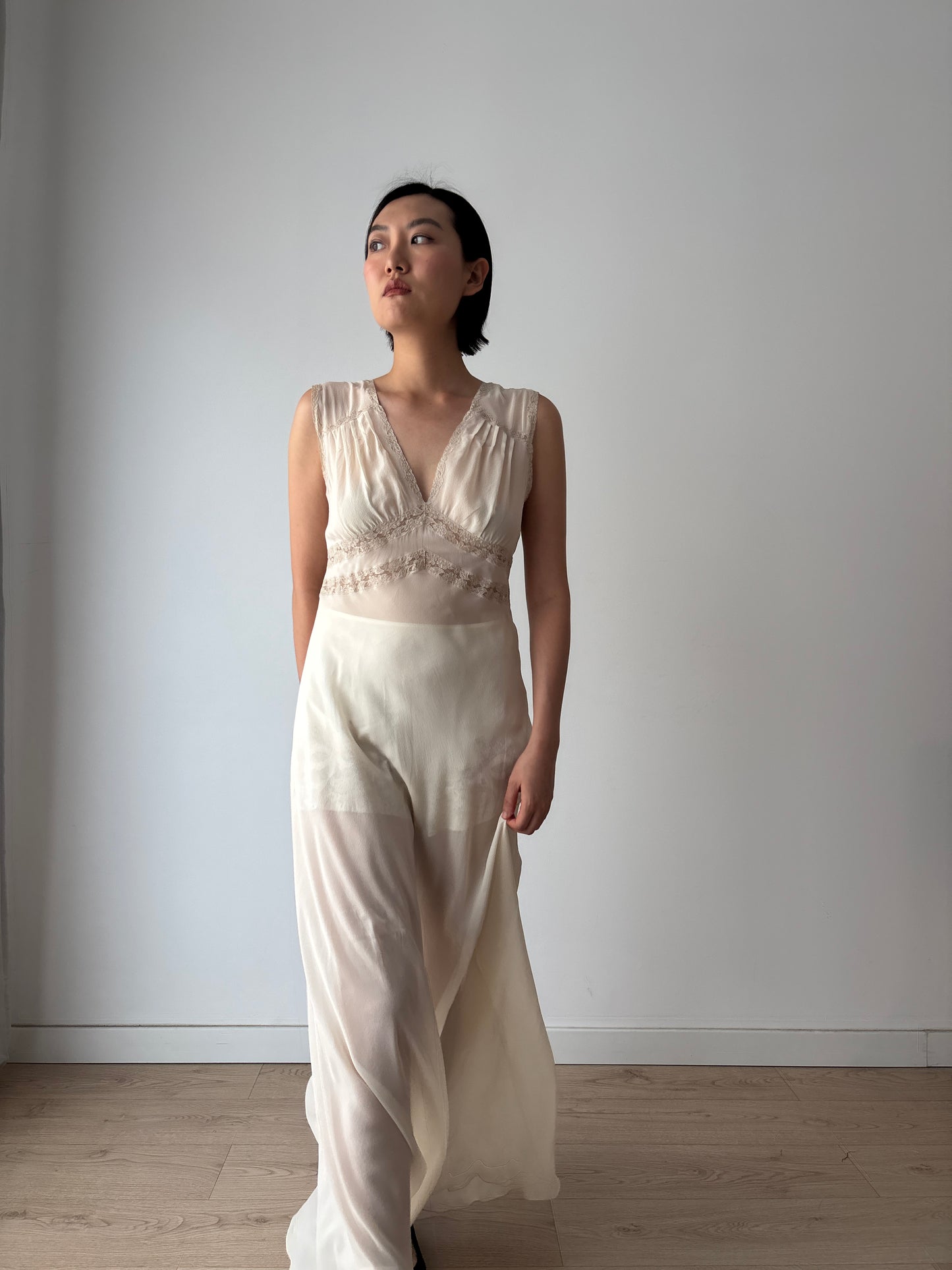 1940s Sheer Ivory Silk Chiffon Lace Embroidery Bias Cut Gown