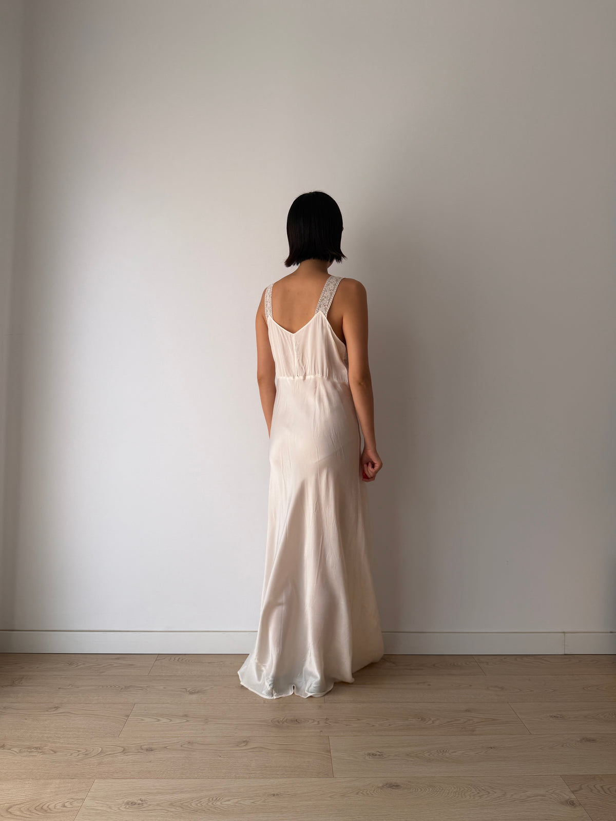 1930s Style Ivory Rayon Satin Bias Cut Dress, Lace V-Neck, Empire Waist Bridal Gown