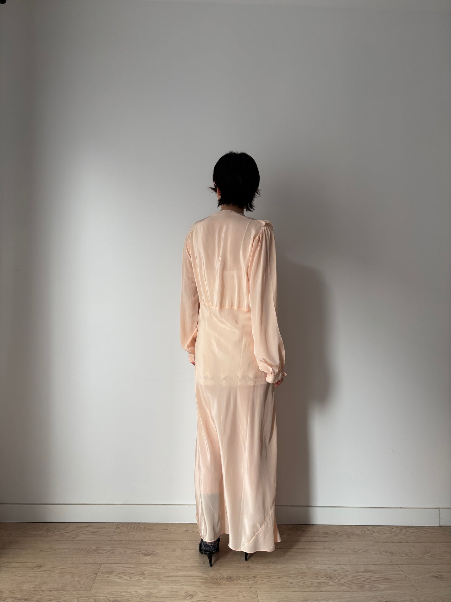 1930s Bias Cut Silk Crepe Nightgown in Pastel Pink: Long Sleeve with Ruffled neckline & Embroidery