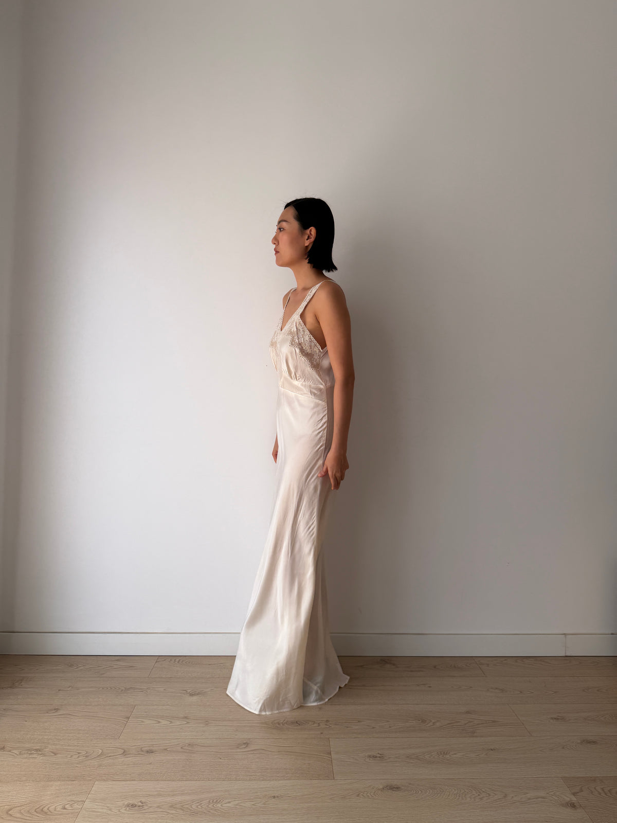 1930s Style Ivory Rayon Satin Bias Cut Dress, Lace V-Neck, Empire Waist Bridal Gown