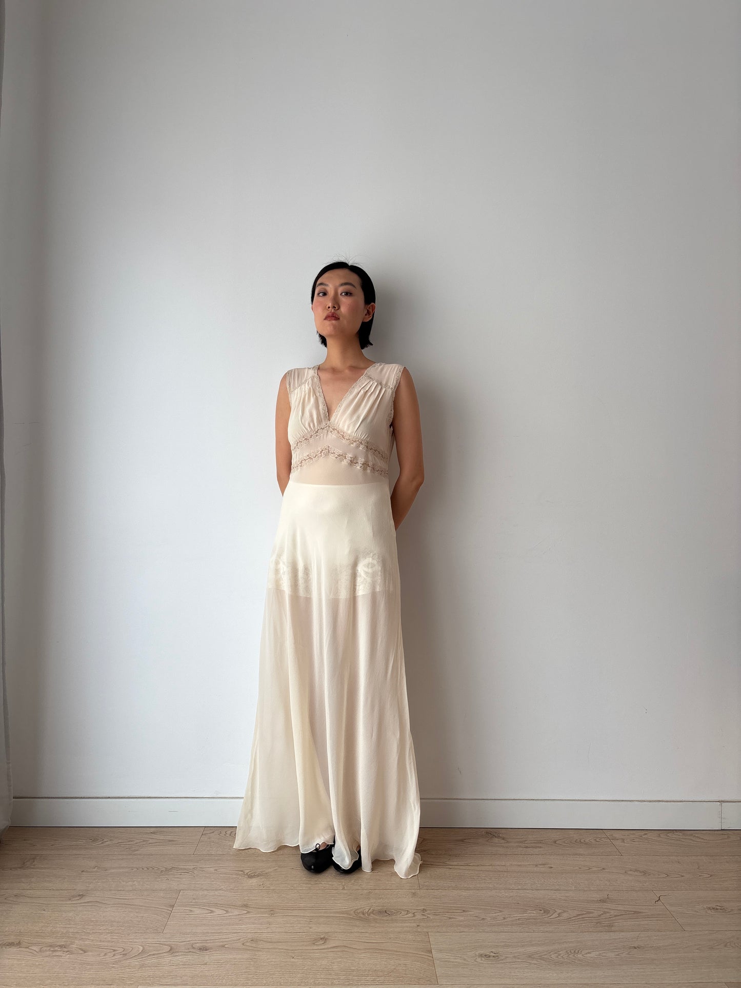 1940s Sheer Ivory Silk Chiffon Lace Embroidery Bias Cut Gown