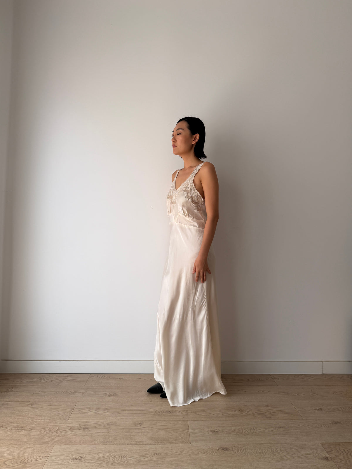 1930s Style Ivory Rayon Satin Bias Cut Dress, Lace V-Neck, Empire Waist Bridal Gown