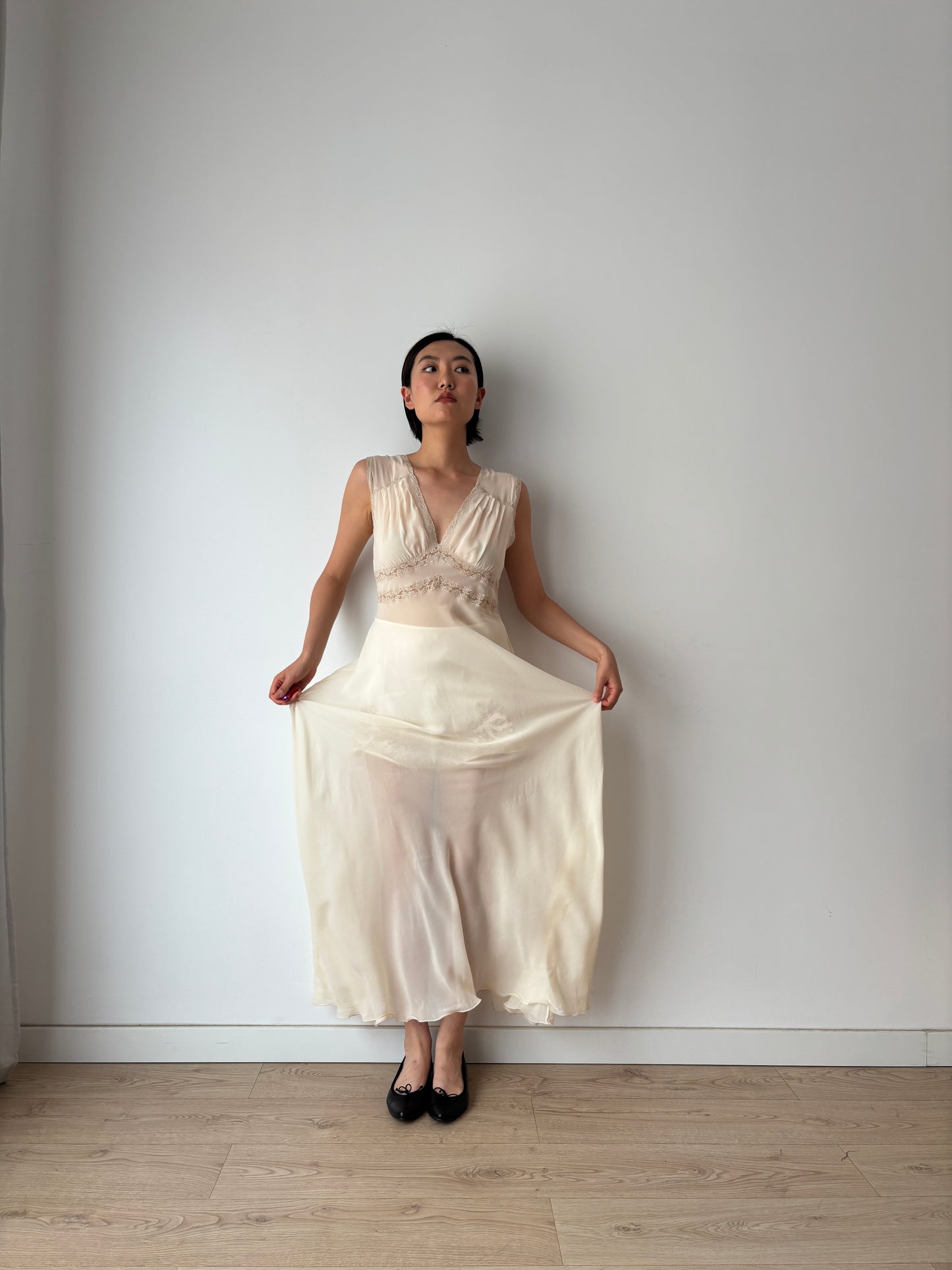 1940s Sheer Ivory Silk Chiffon Lace Embroidery Bias Cut Gown
