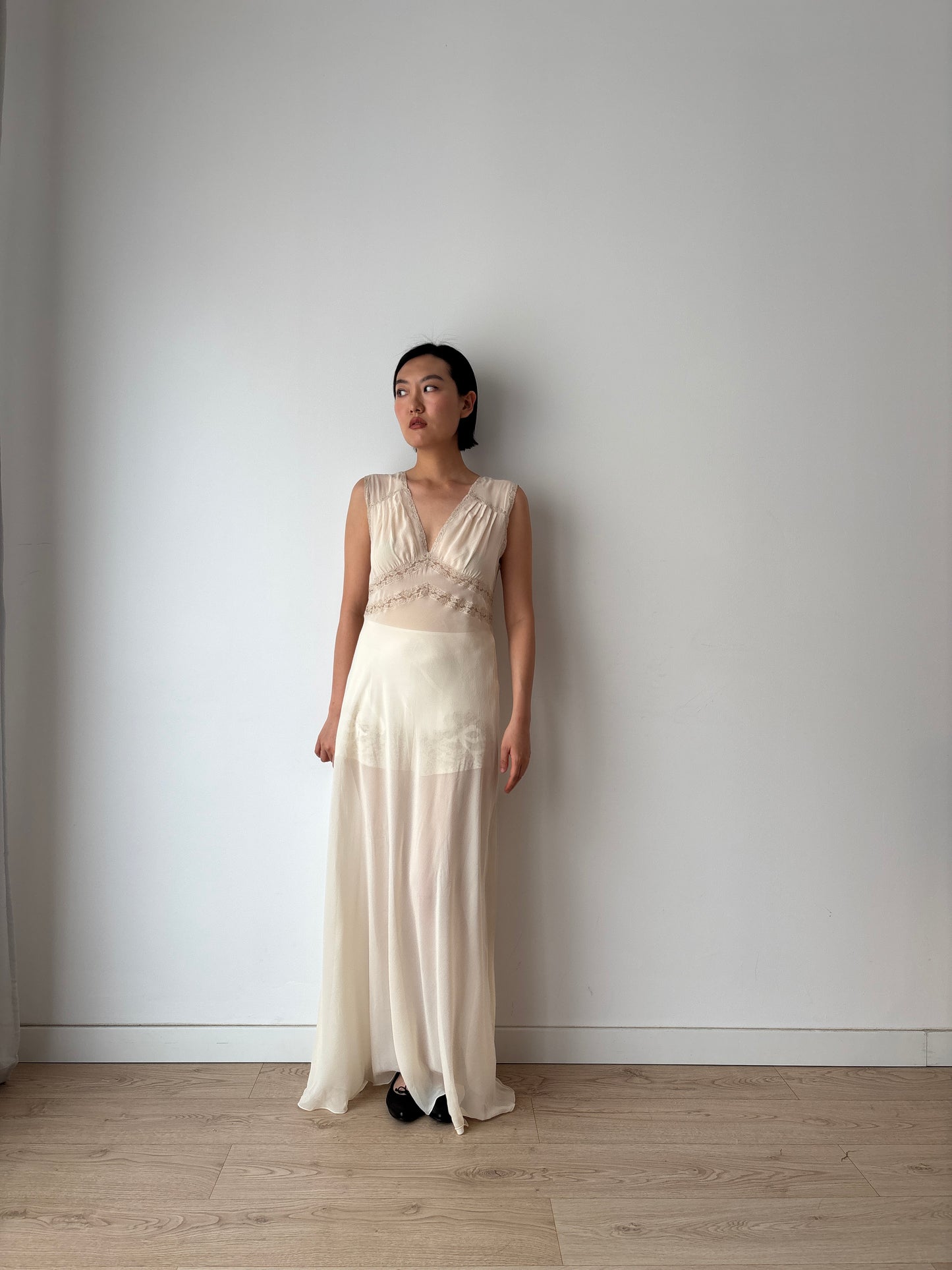 1940s Sheer Ivory Silk Chiffon Lace Embroidery Bias Cut Gown