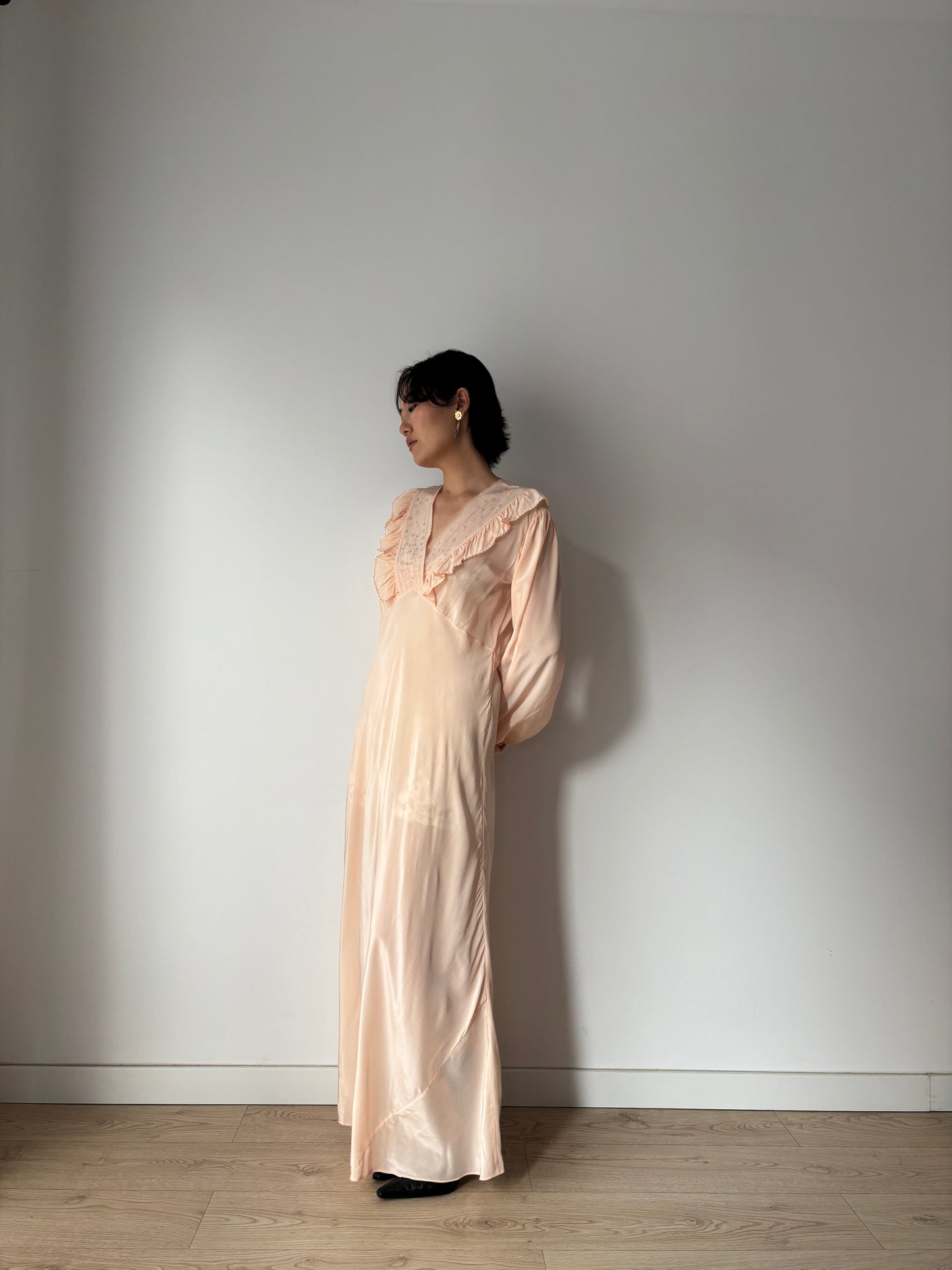 1930s Bias Cut Silk Crepe Nightgown in Pastel Pink: Long Sleeve with Ruffled neckline & Embroidery