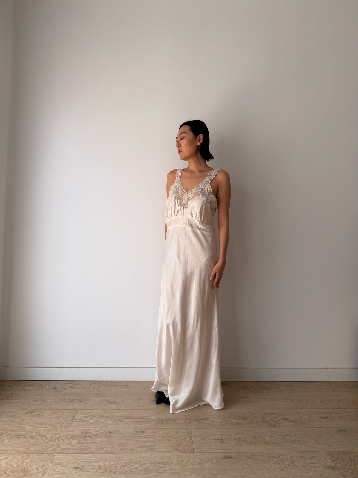 1930s Style Ivory Rayon Satin Bias Cut Dress, Lace V-Neck, Empire Waist Bridal Gown