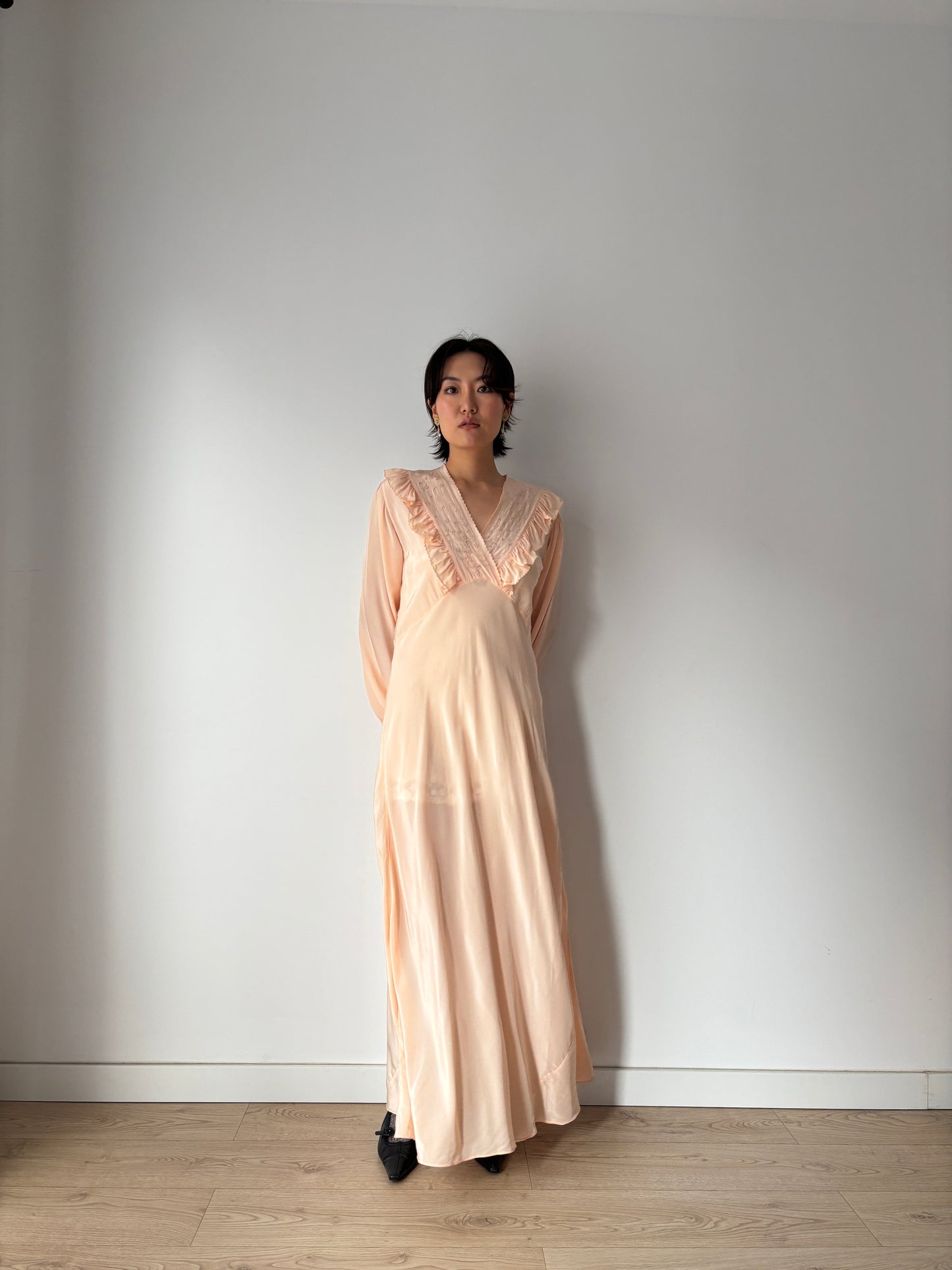 1930s Bias Cut Silk Crepe Nightgown in Pastel Pink: Long Sleeve with Ruffled neckline & Embroidery