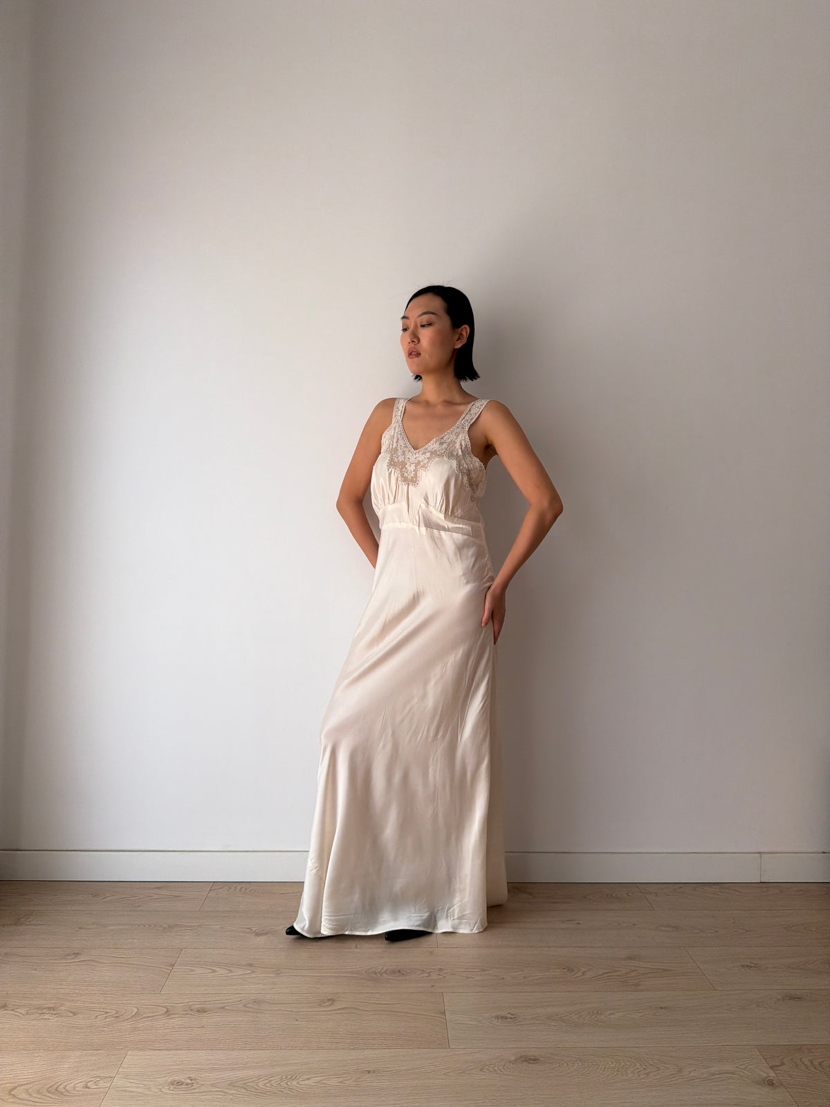1930s Style Ivory Rayon Satin Bias Cut Dress, Lace V-Neck, Empire Waist Bridal Gown