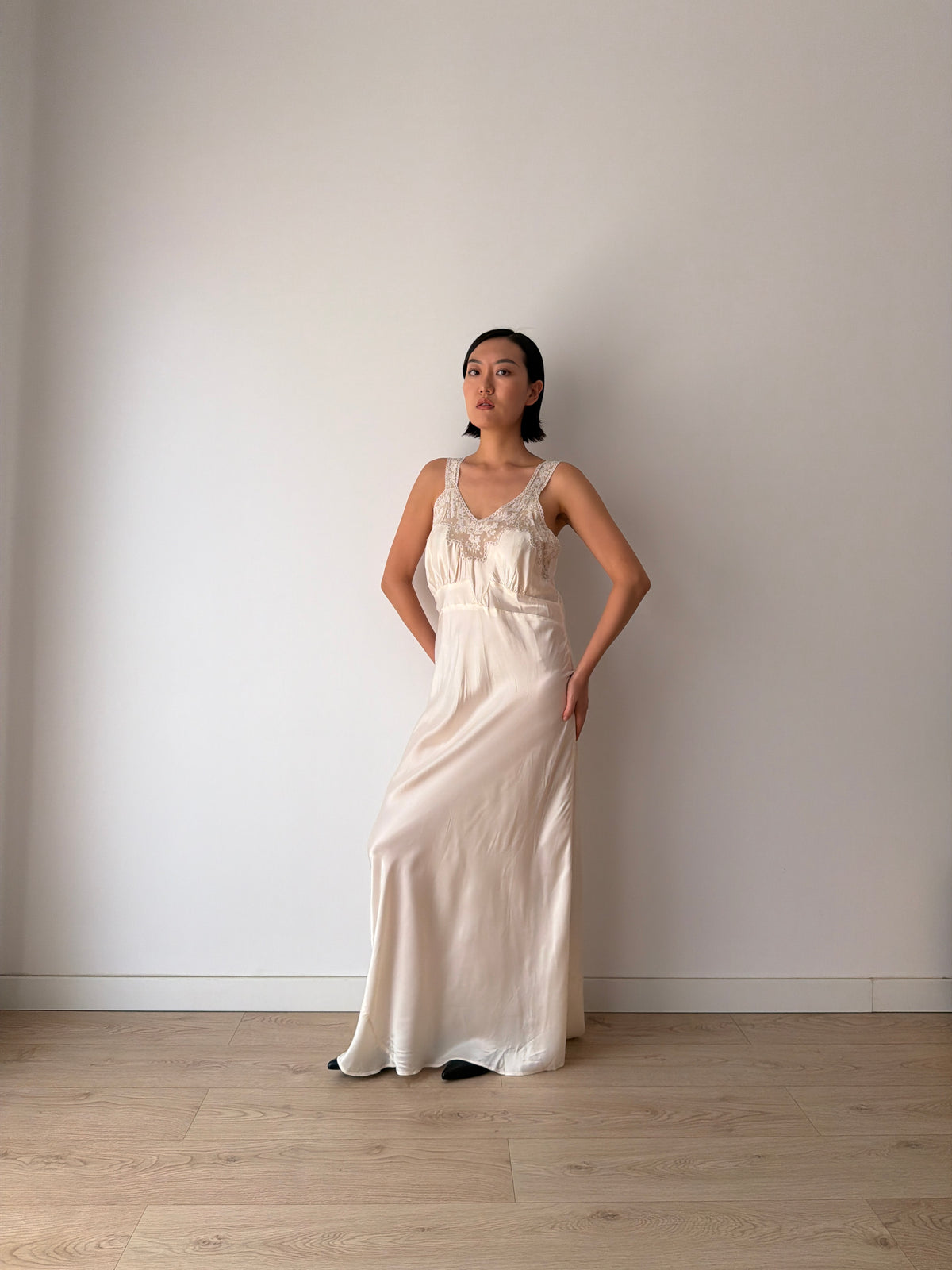 1930s Style Ivory Rayon Satin Bias Cut Dress, Lace V-Neck, Empire Waist Bridal Gown