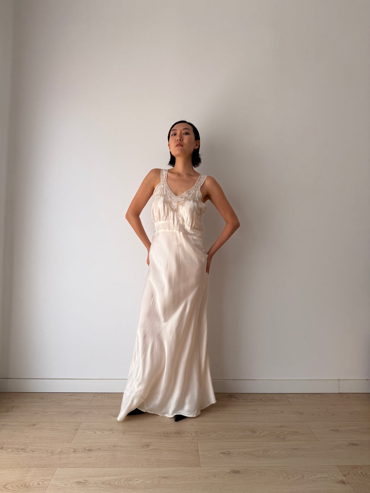 1930s Style Ivory Rayon Satin Bias Cut Dress, Lace V-Neck, Empire Waist Bridal Gown