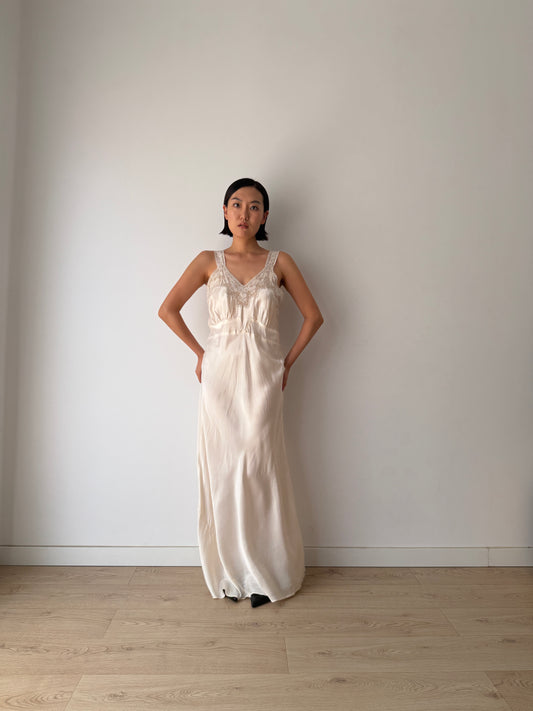 1930s Style Ivory Rayon Satin Bias Cut Dress, Lace V-Neck, Empire Waist Bridal Gown