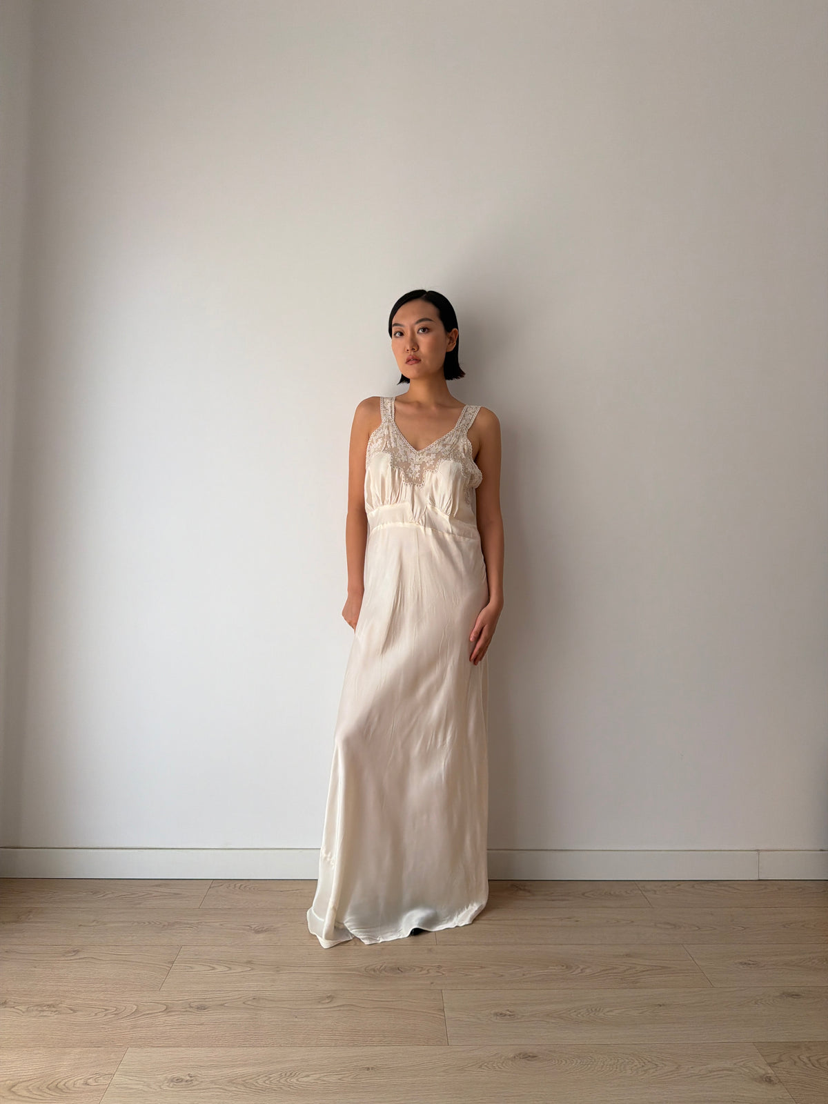 1930s Style Ivory Rayon Satin Bias Cut Dress, Lace V-Neck, Empire Waist Bridal Gown