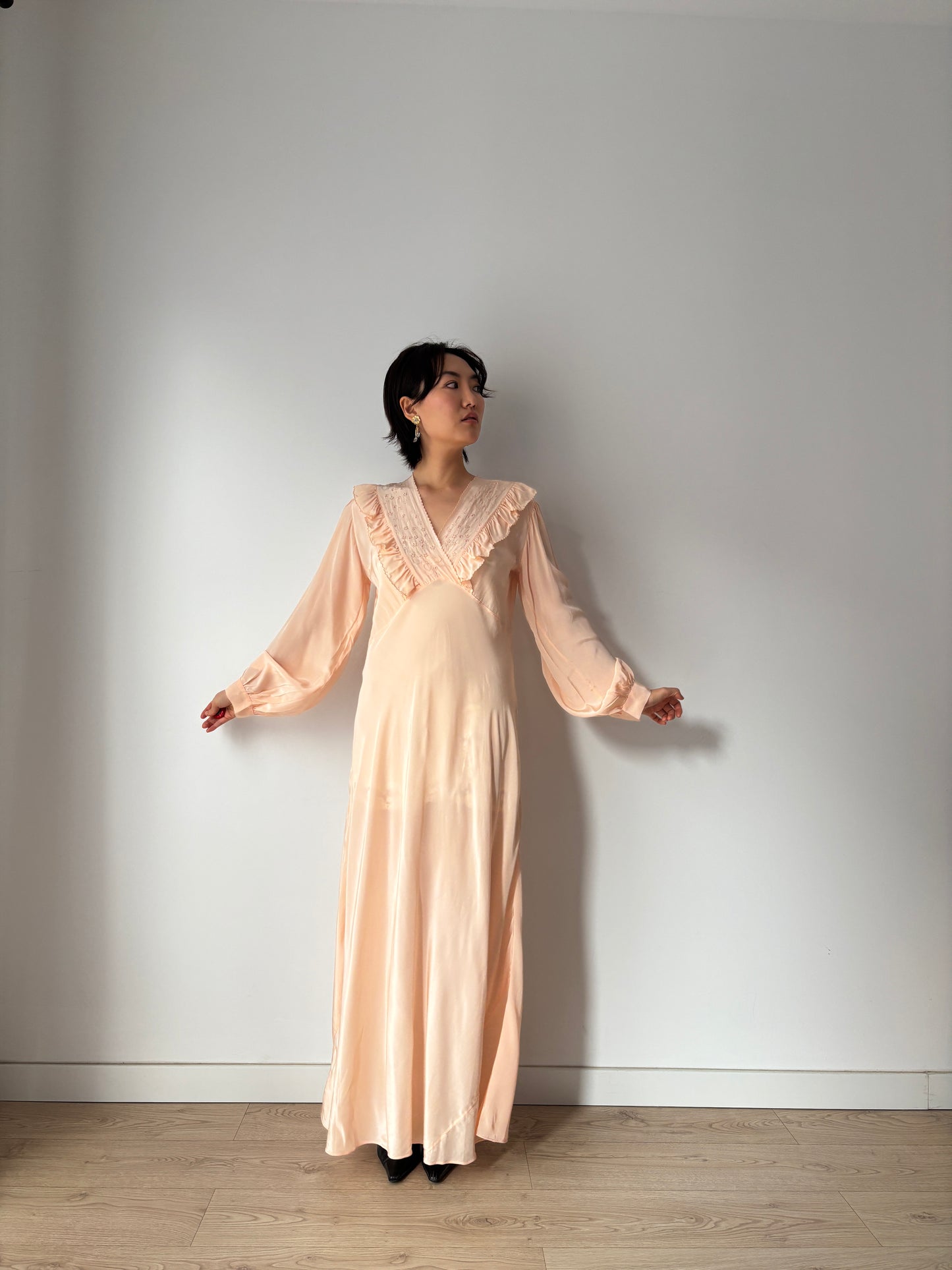 1930s Bias Cut Silk Crepe Nightgown in Pastel Pink: Long Sleeve with Ruffled neckline & Embroidery