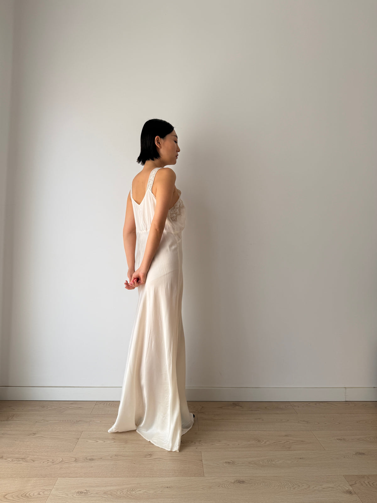 1930s Style Ivory Rayon Satin Bias Cut Dress, Lace V-Neck, Empire Waist Bridal Gown