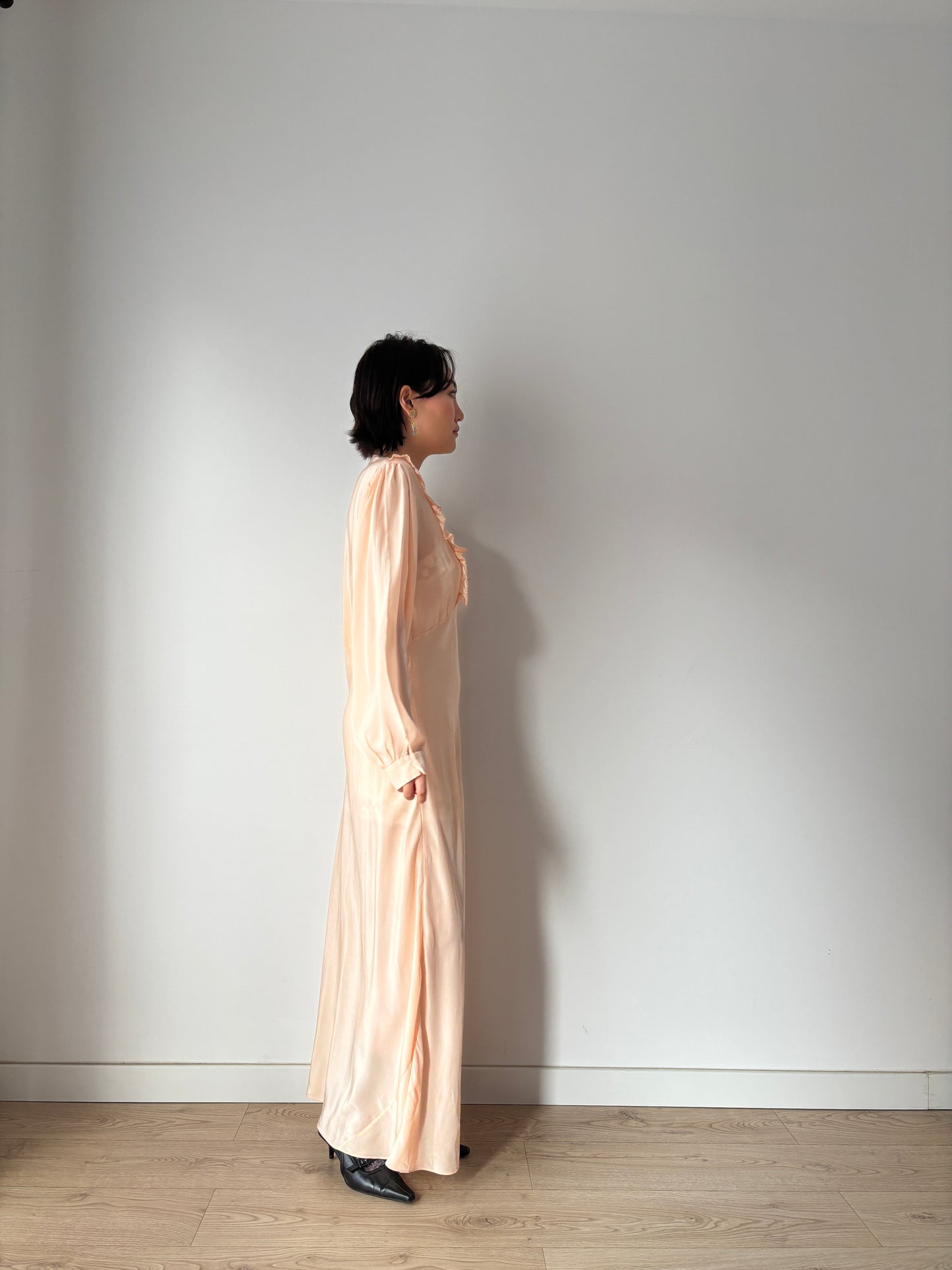 1930s Bias Cut Silk Crepe Nightgown in Pastel Pink: Long Sleeve with Ruffled neckline & Embroidery