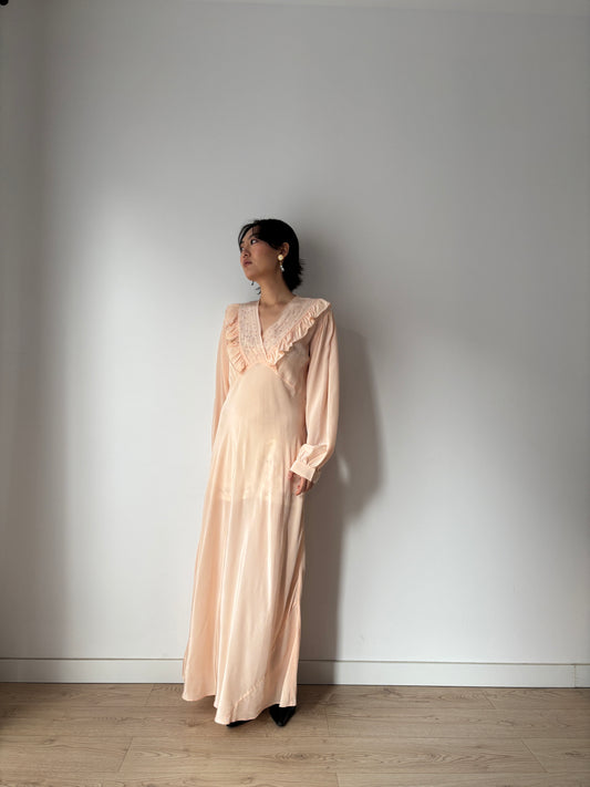 1930s Bias Cut Silk Crepe Nightgown in Pastel Pink: Long Sleeve with Ruffled neckline & Embroidery