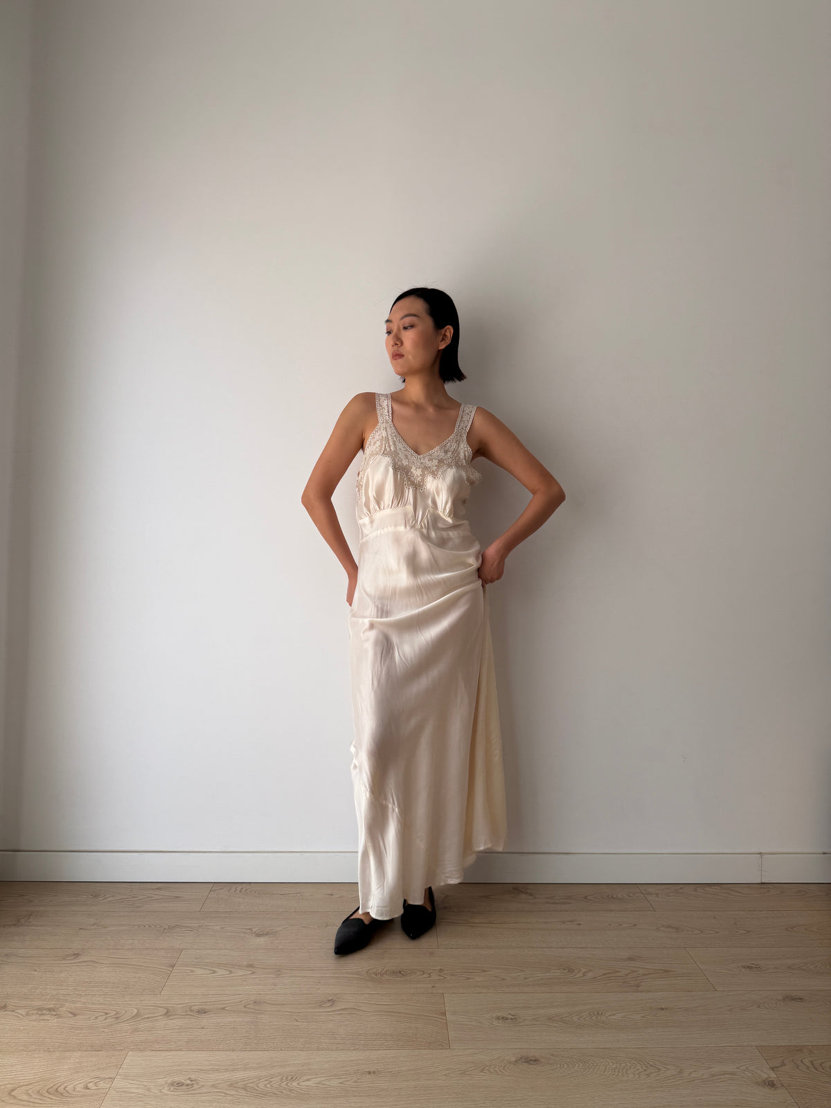 1930s Style Ivory Rayon Satin Bias Cut Dress, Lace V-Neck, Empire Waist Bridal Gown