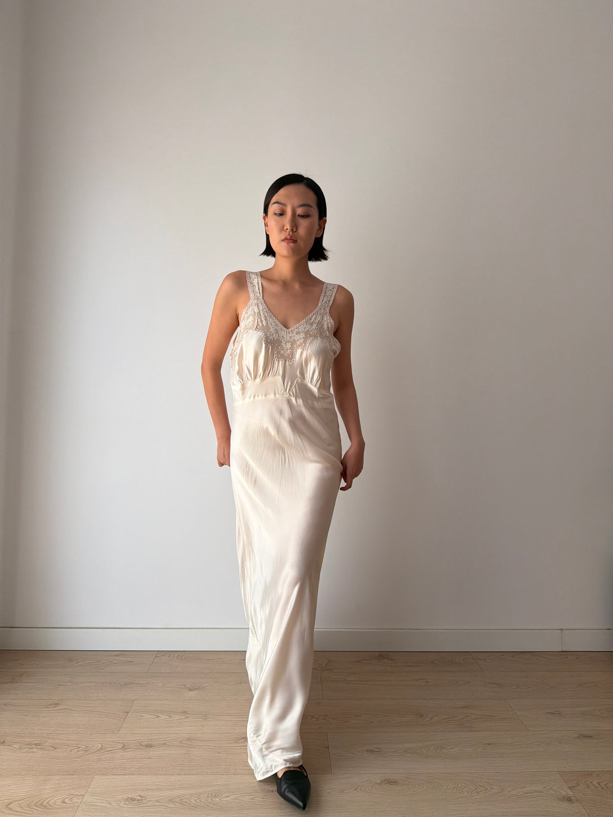 1930s Style Ivory Rayon Satin Bias Cut Dress, Lace V-Neck, Empire Waist Bridal Gown