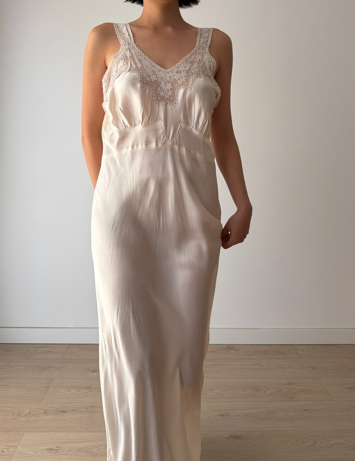 1930s Style Ivory Rayon Satin Bias Cut Dress, Lace V-Neck, Empire Waist Bridal Gown
