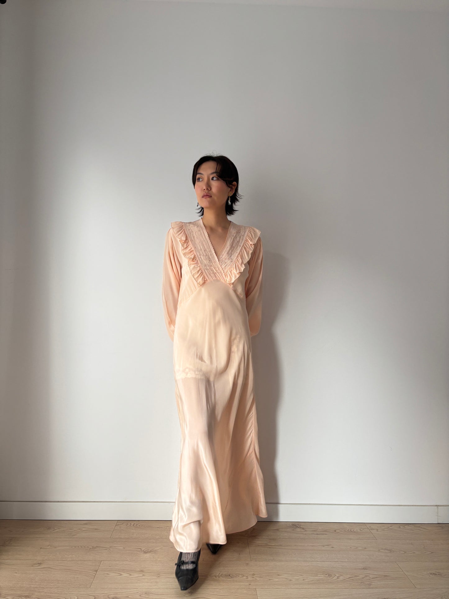 1930s Bias Cut Silk Crepe Nightgown in Pastel Pink: Long Sleeve with Ruffled neckline & Embroidery