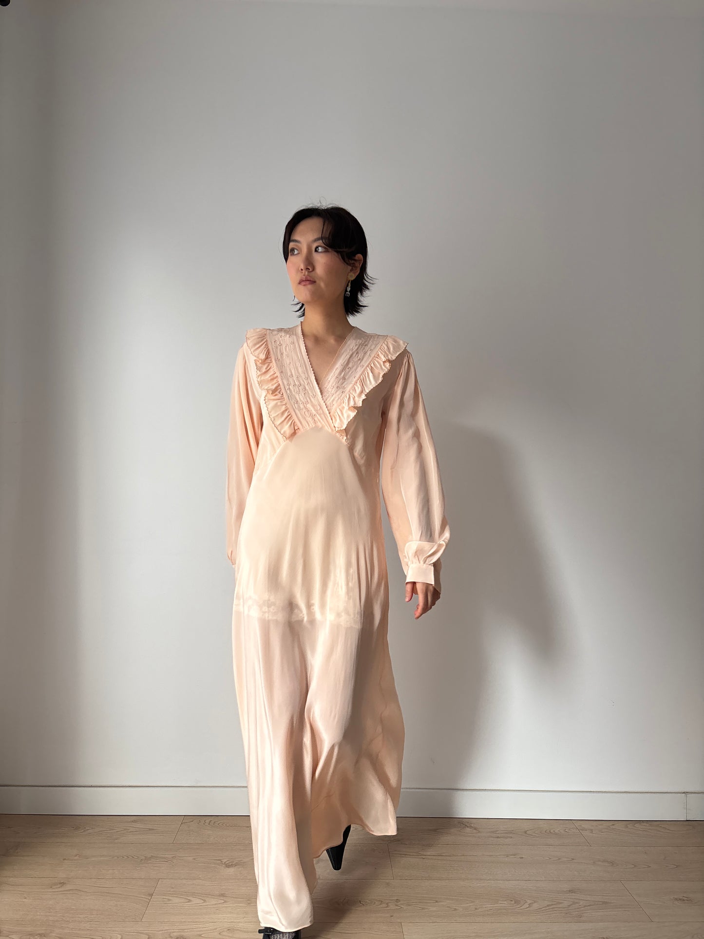 1930s Bias Cut Silk Crepe Nightgown in Pastel Pink: Long Sleeve with Ruffled neckline & Embroidery