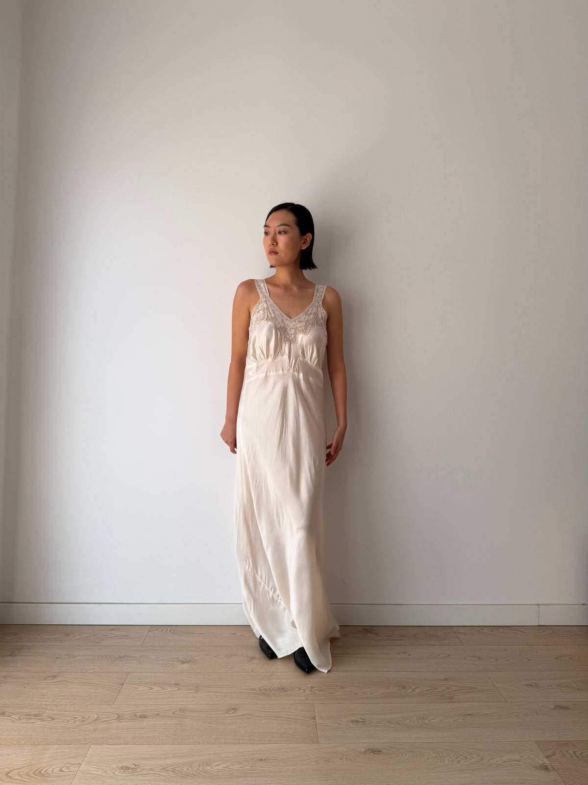 1930s Style Ivory Rayon Satin Bias Cut Dress, Lace V-Neck, Empire Waist Bridal Gown