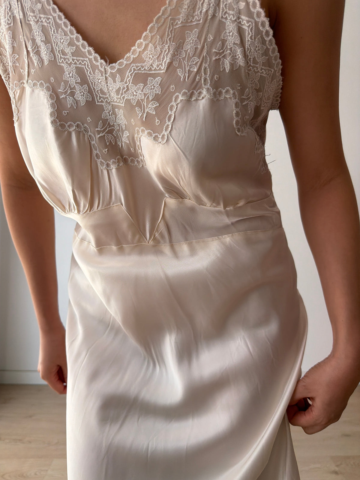 1930s Style Ivory Rayon Satin Bias Cut Dress, Lace V-Neck, Empire Waist Bridal Gown