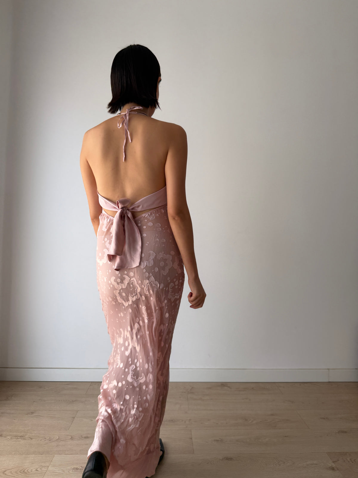 1990s Blush Pink Sheer Silk Slip Dress, Devoré Velvet Pattern, Backless Spaghetti Strap Dress