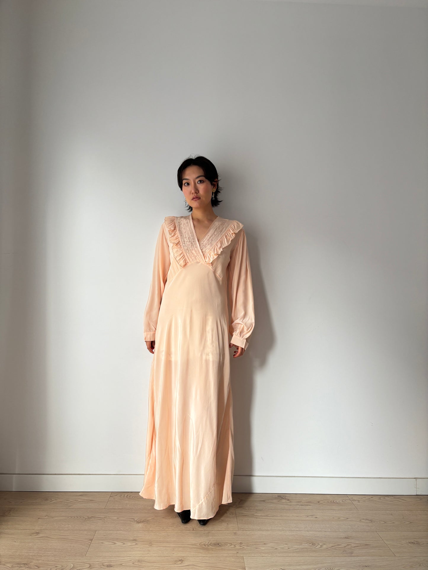 1930s Bias Cut Silk Crepe Nightgown in Pastel Pink: Long Sleeve with Ruffled neckline & Embroidery