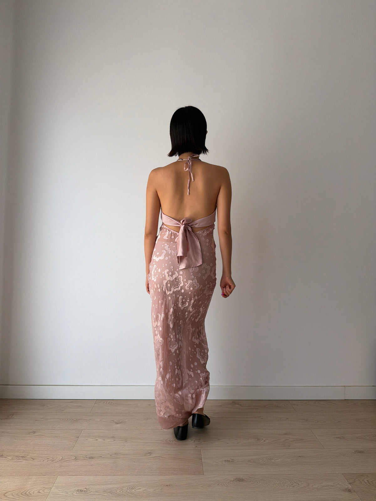 1990s Blush Pink Sheer Silk Slip Dress, Devoré Velvet Pattern, Backless Spaghetti Strap Dress
