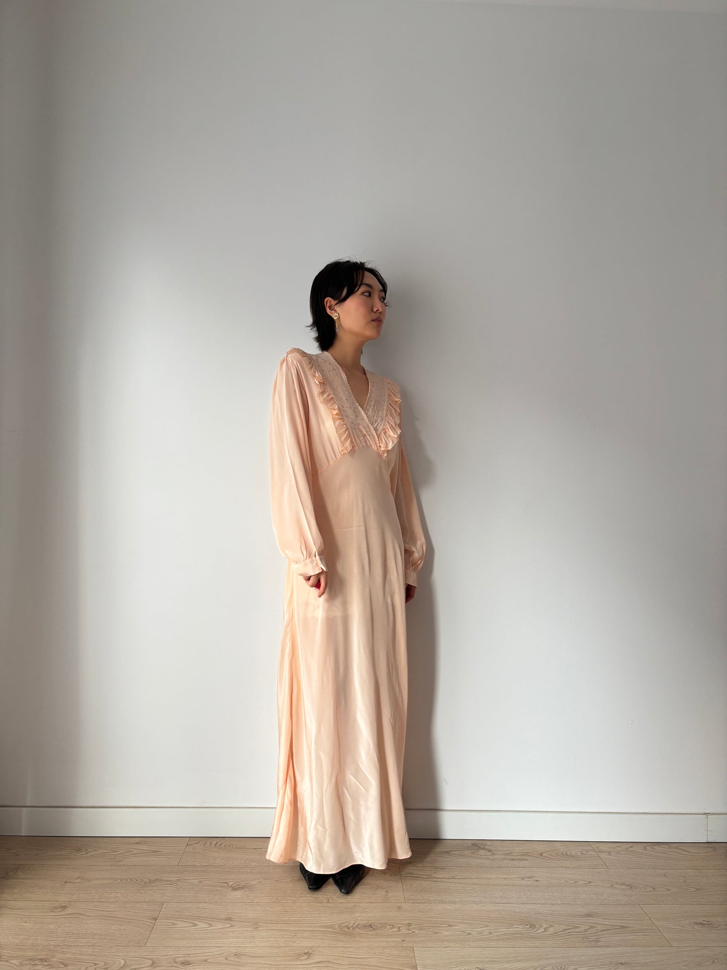 1930s Bias Cut Silk Crepe Nightgown in Pastel Pink: Long Sleeve with Ruffled neckline & Embroidery