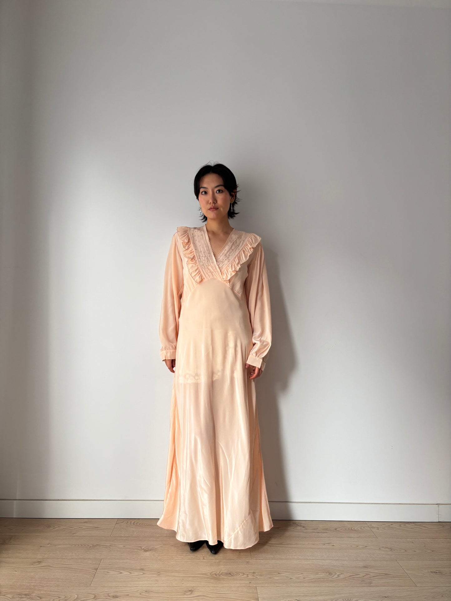 1930s Bias Cut Silk Crepe Nightgown in Pastel Pink: Long Sleeve with Ruffled neckline & Embroidery