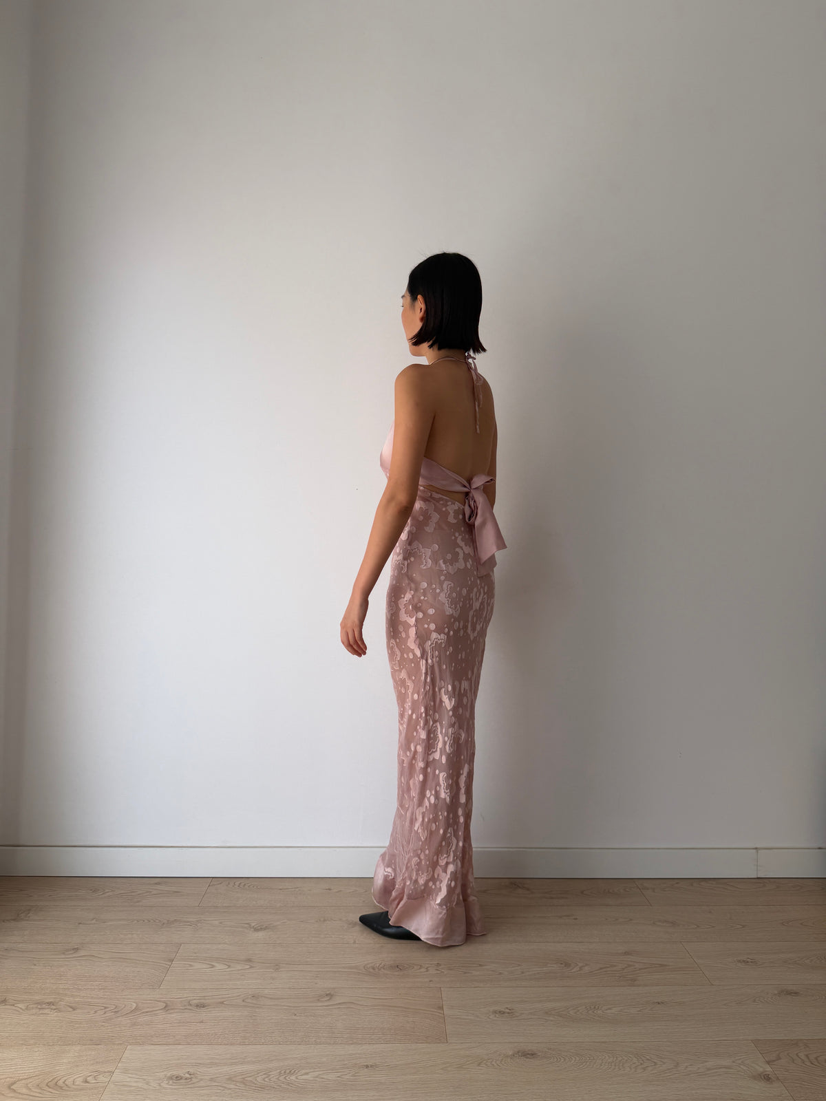 1990s Blush Pink Sheer Silk Slip Dress, Devoré Velvet Pattern, Backless Spaghetti Strap Dress