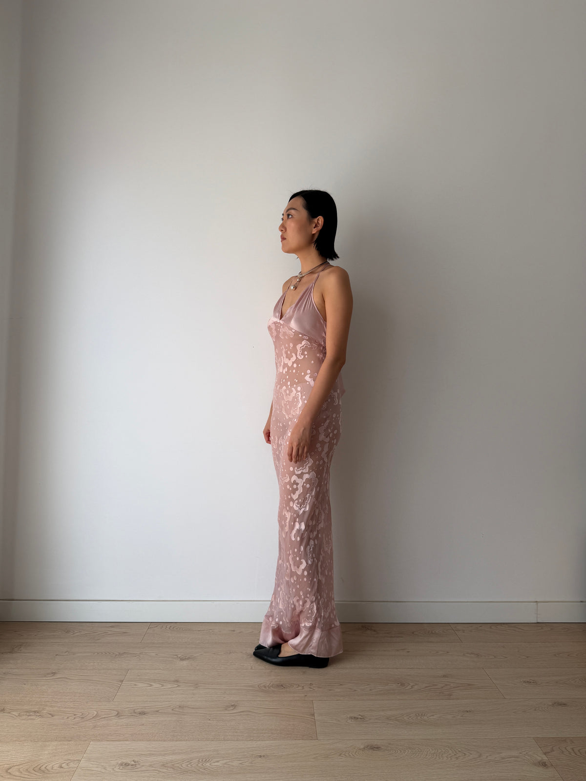 1990s Blush Pink Sheer Silk Slip Dress, Devoré Velvet Pattern, Backless Spaghetti Strap Dress