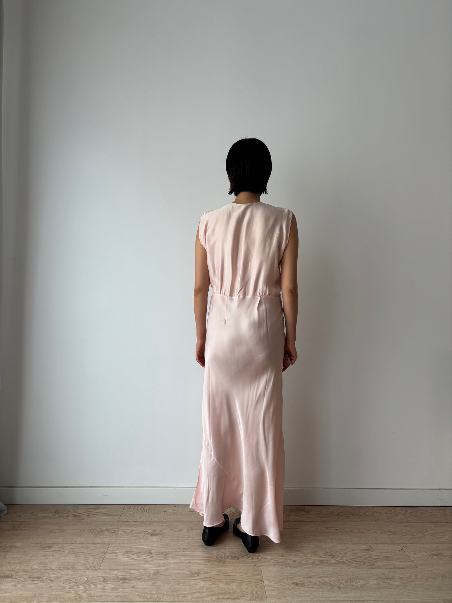 1940s Antique Bias Cut Lace Pastel Pink Silk Embroidered Nightgown, Liquid Silk Bridal gown