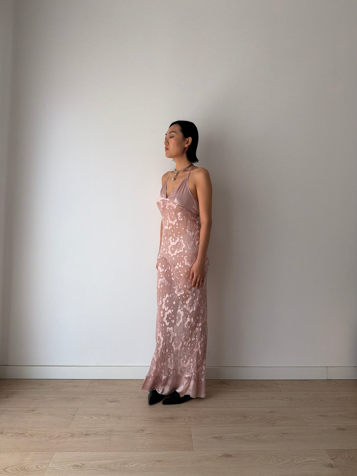 1990s Blush Pink Sheer Silk Slip Dress, Devoré Velvet Pattern, Backless Spaghetti Strap Dress