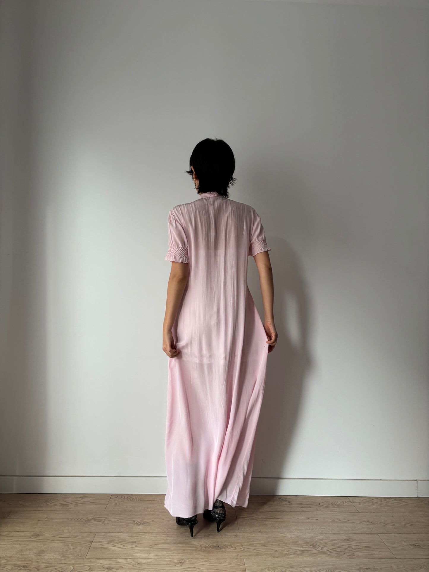 1940s Pin Tuck Maxi Dress in Lilac: Floral Lace on Silk Crepe