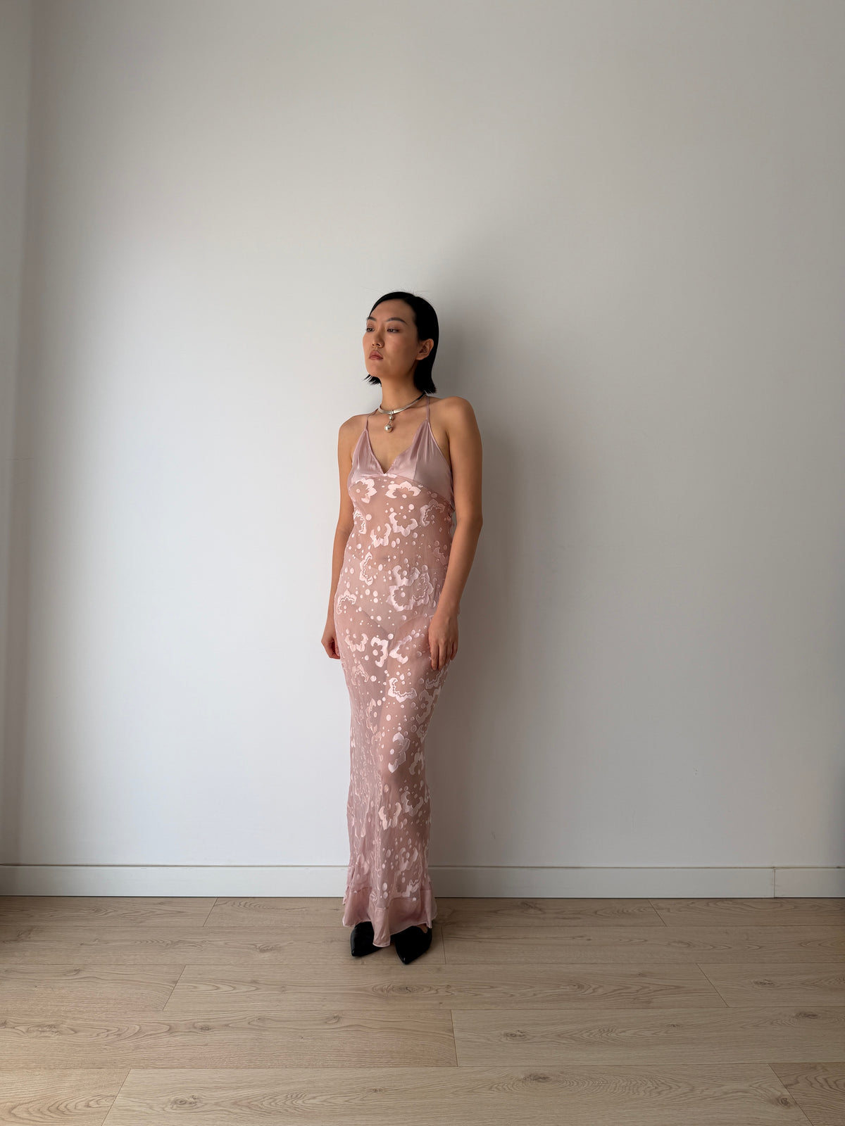1990s Blush Pink Sheer Silk Slip Dress, Devoré Velvet Pattern, Backless Spaghetti Strap Dress