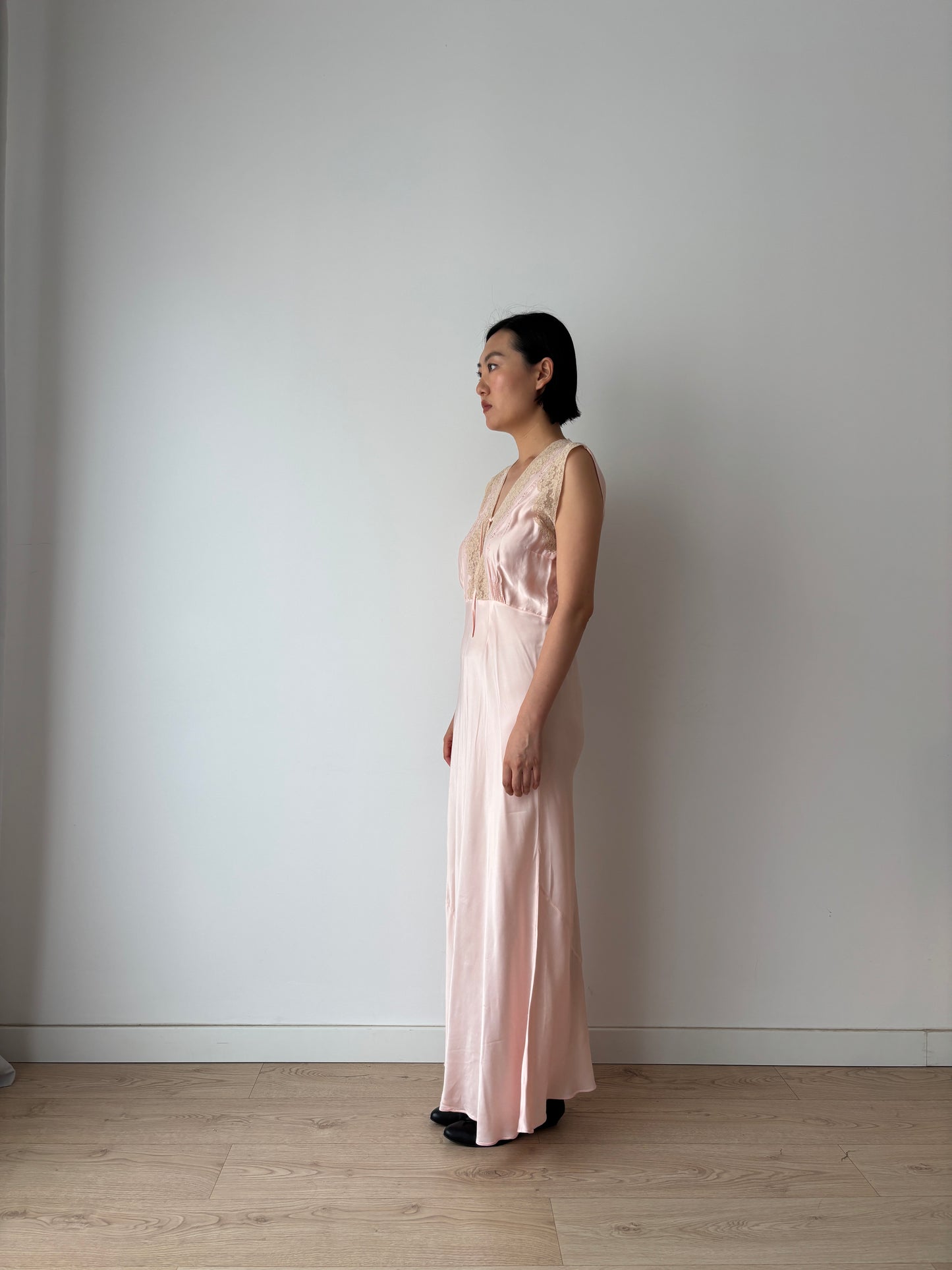 1940s Antique Bias Cut Lace Pastel Pink Silk Embroidered Nightgown, Liquid Silk Bridal gown