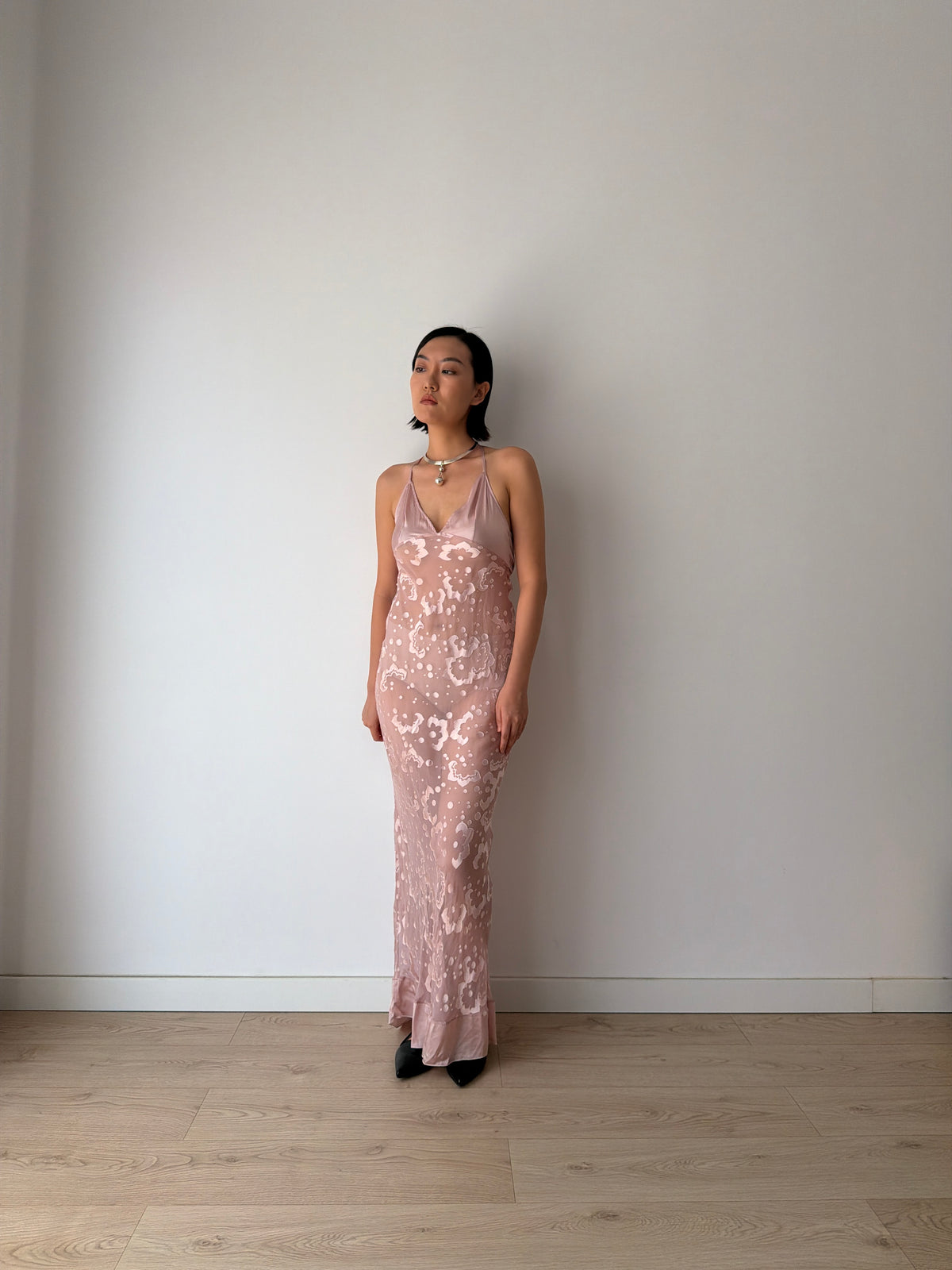 1990s Blush Pink Sheer Silk Slip Dress, Devoré Velvet Pattern, Backless Spaghetti Strap Dress