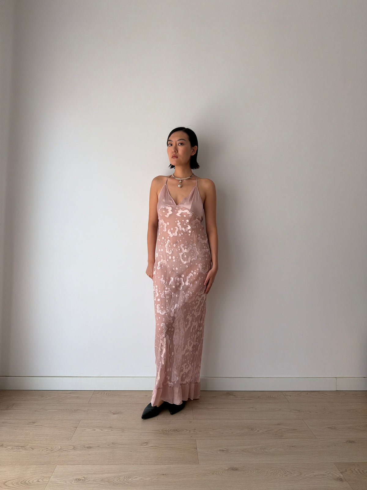 1990s Blush Pink Sheer Silk Slip Dress, Devoré Velvet Pattern, Backless Spaghetti Strap Dress