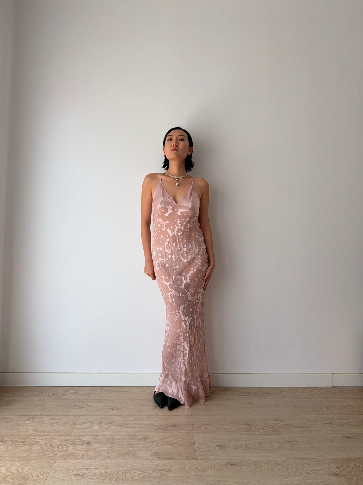 1990s Blush Pink Sheer Silk Slip Dress, Devoré Velvet Pattern, Backless Spaghetti Strap Dress