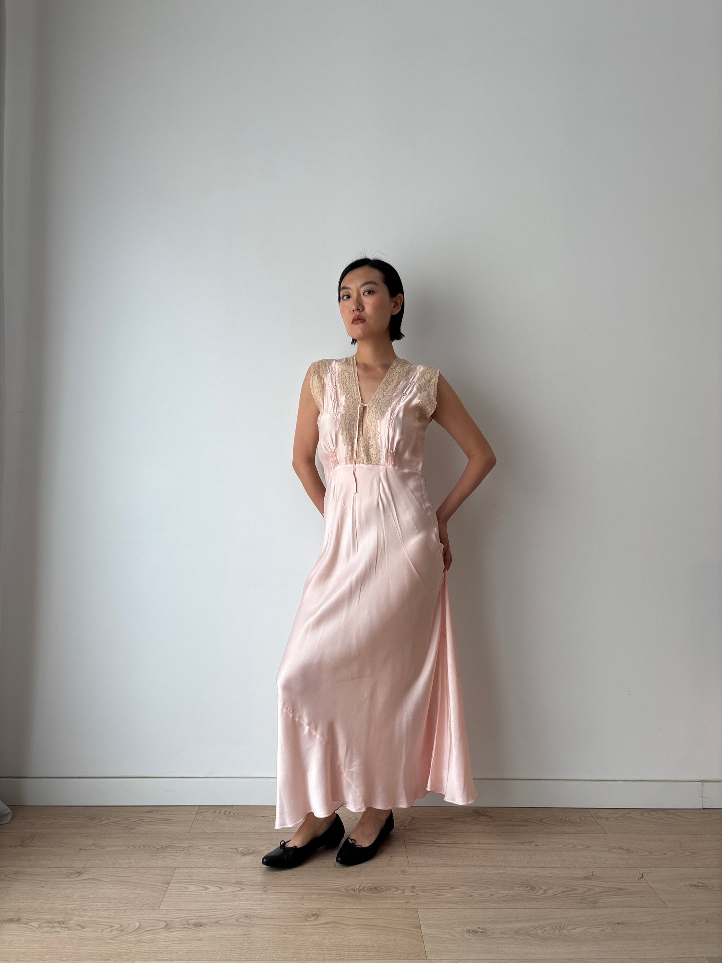 1940s Antique Bias Cut Lace Pastel Pink Silk Embroidered Nightgown, Liquid Silk Bridal gown