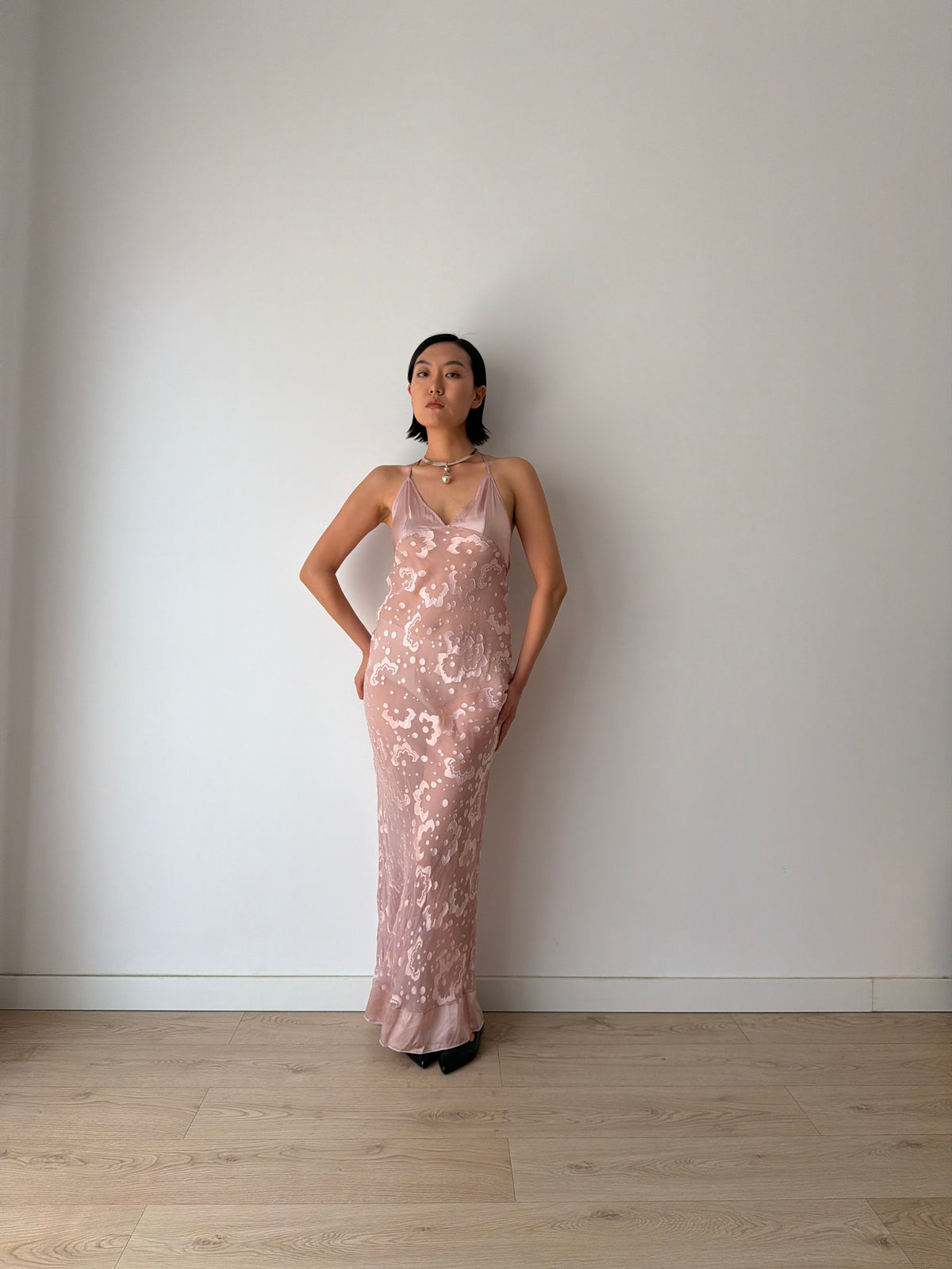 1990s Blush Pink Sheer Silk Slip Dress, Devoré Velvet Pattern, Backless Spaghetti Strap Dress