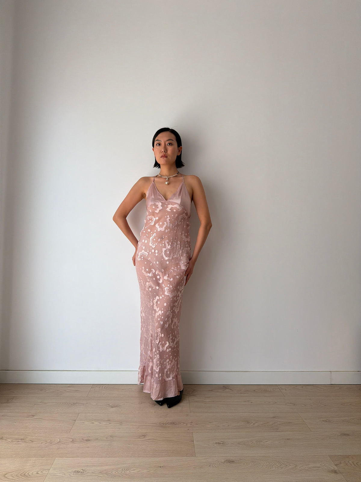 1990s Blush Pink Sheer Silk Slip Dress, Devoré Velvet Pattern, Backless Spaghetti Strap Dress