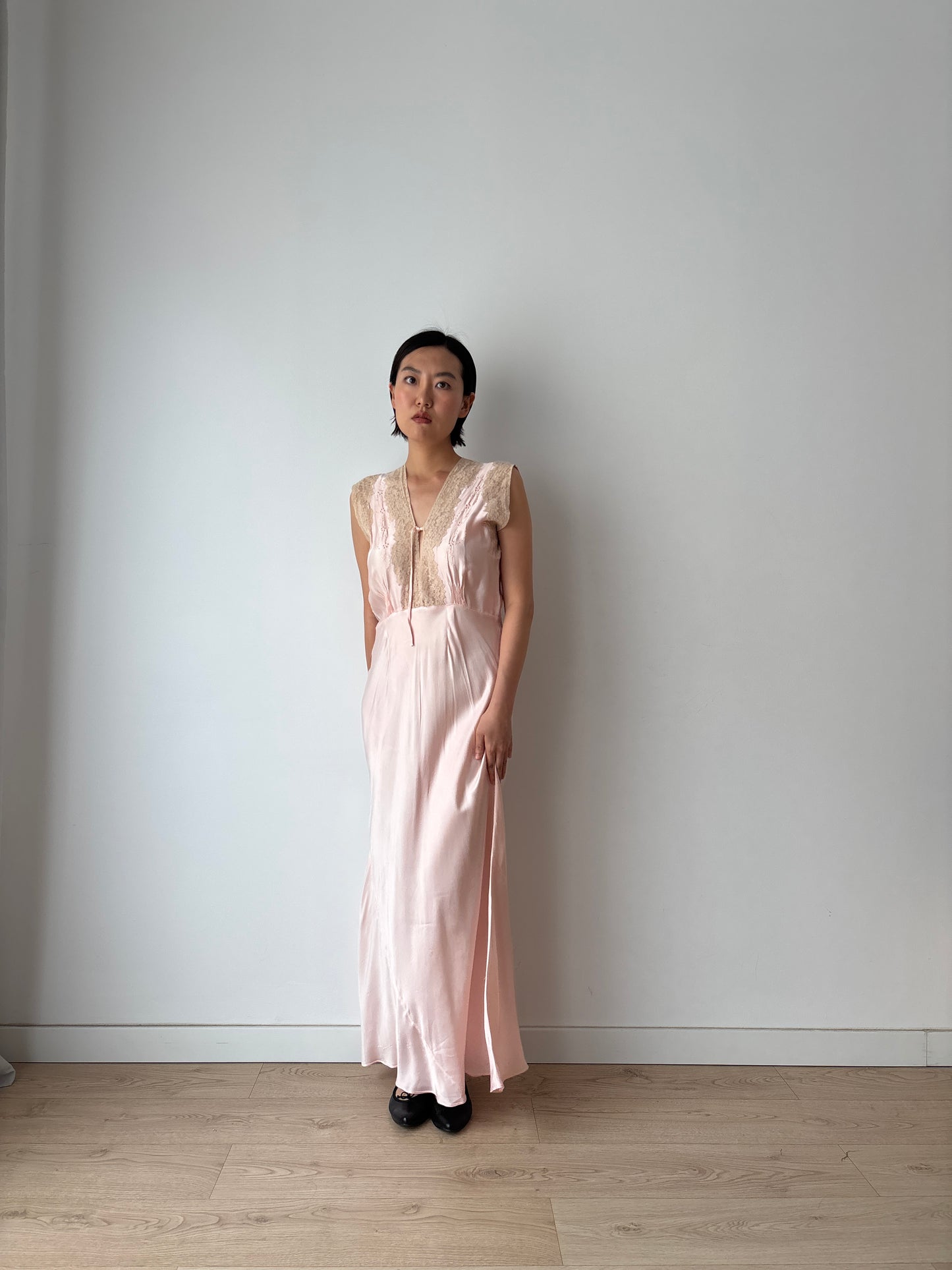 1940s Antique Bias Cut Lace Pastel Pink Silk Embroidered Nightgown, Liquid Silk Bridal gown