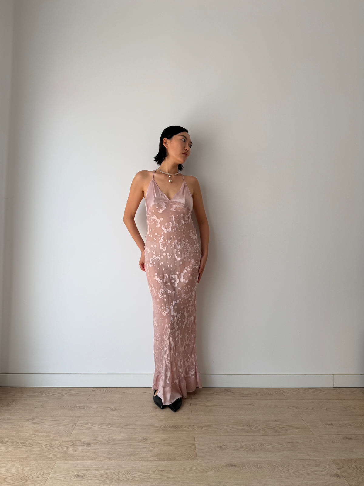 1990s Blush Pink Sheer Silk Slip Dress, Devoré Velvet Pattern, Backless Spaghetti Strap Dress