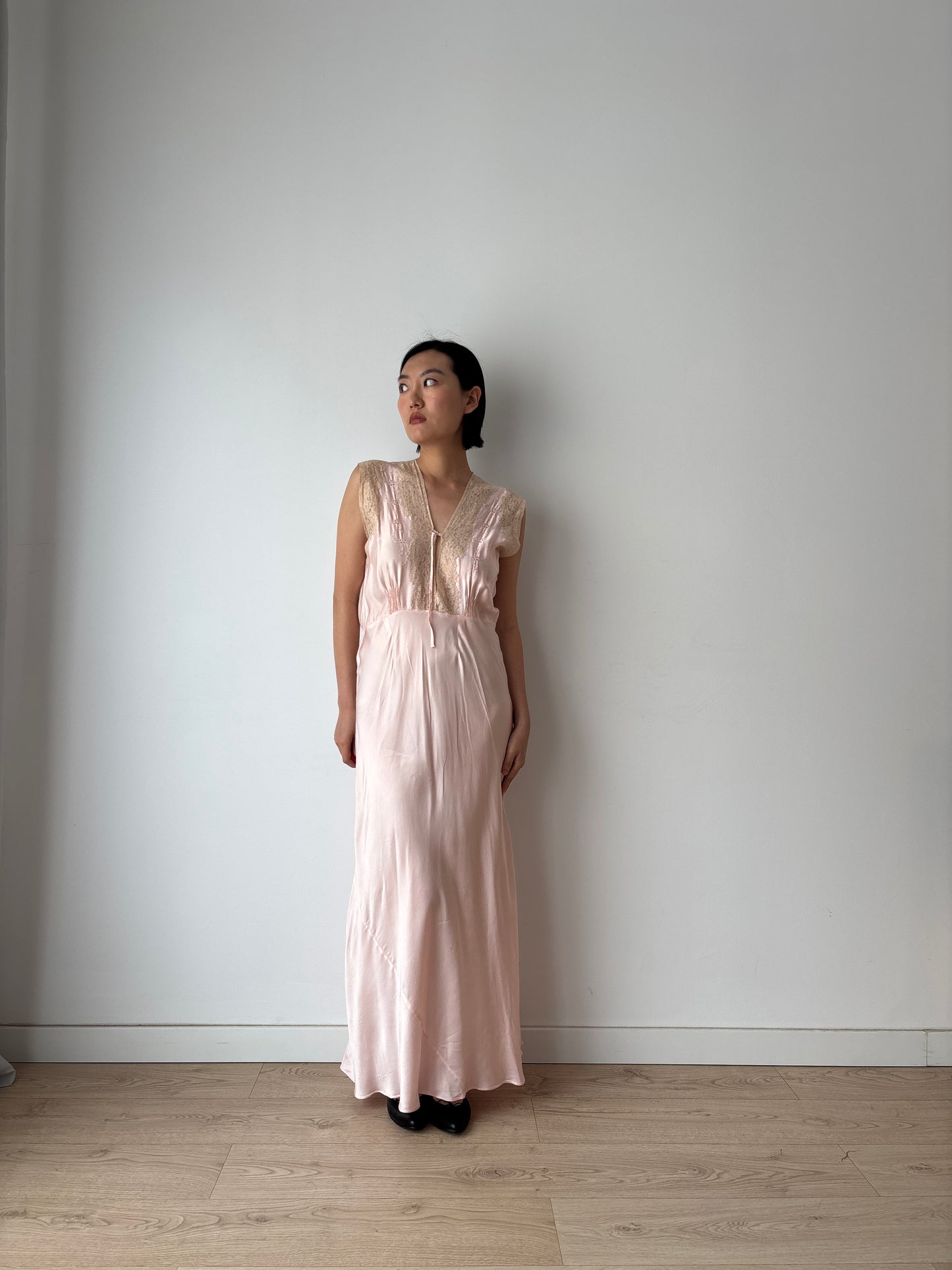 1940s Antique Bias Cut Lace Pastel Pink Silk Satin Embroidered Nightgown, Liquid Silk Bridal gown