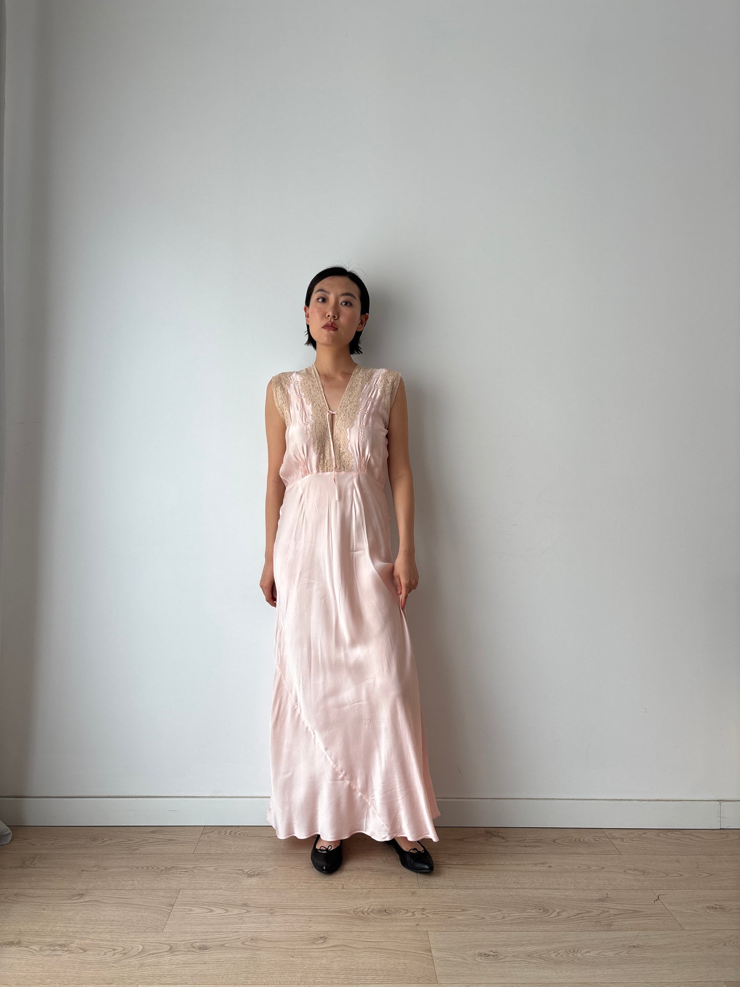 1940s Antique Bias Cut Lace Pastel Pink Silk Embroidered Nightgown, Liquid Silk Bridal gown