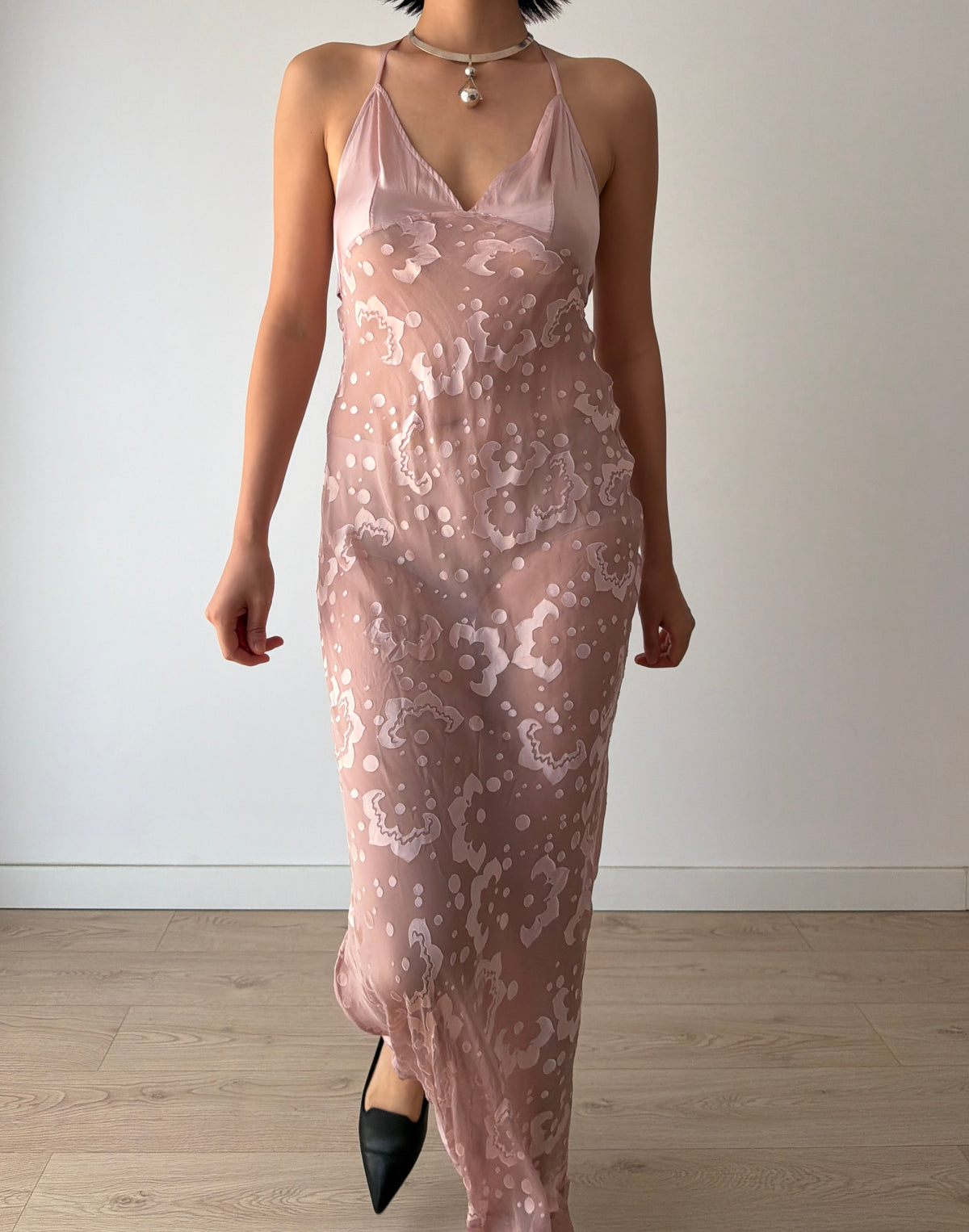 1990s Blush Pink Sheer Silk Slip Dress, Devoré Velvet Pattern, Backless Spaghetti Strap Dress
